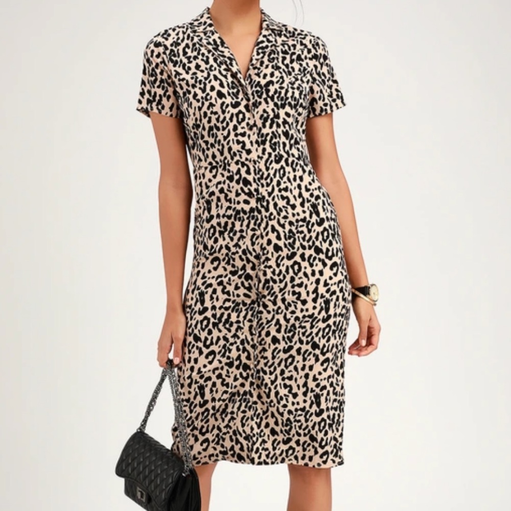 Lulus Ashlyn Taupe Leopard Print Midi Shirt Dress